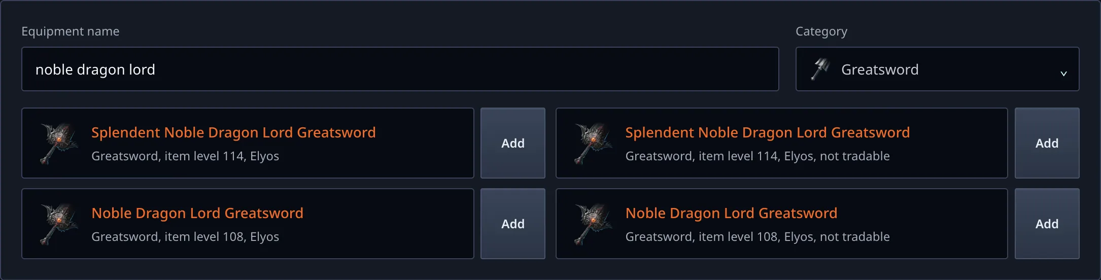 Greatsword selection narrowed to Noble Dragon Lord equipment