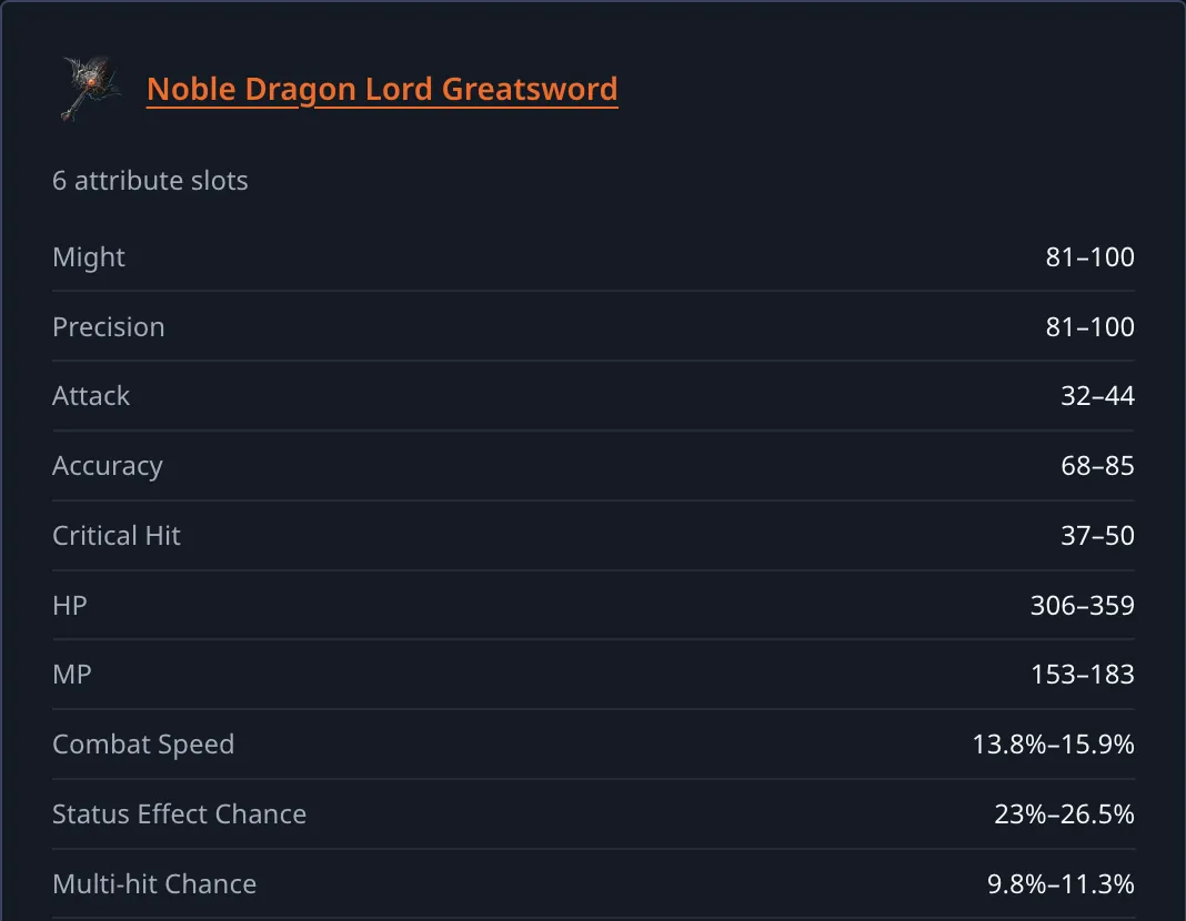Noble Greatsword random-attribute slots and part of its possible roll pool