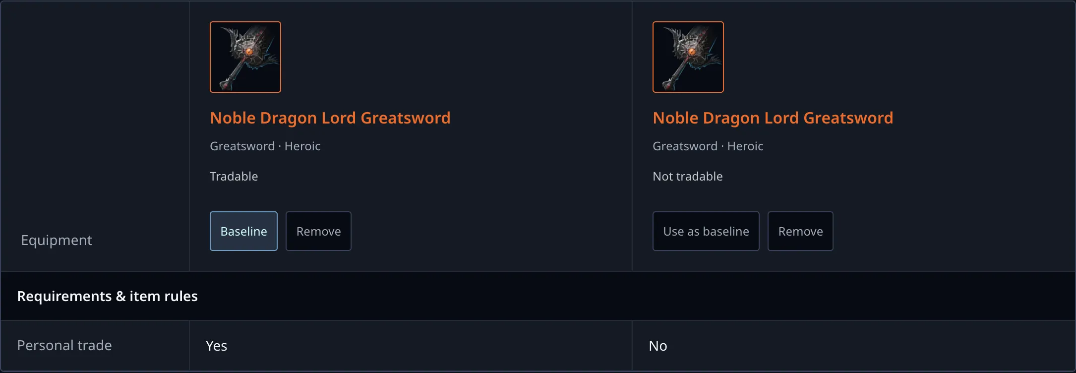 Two Noble Greatswords with matching stats but different trade permissions