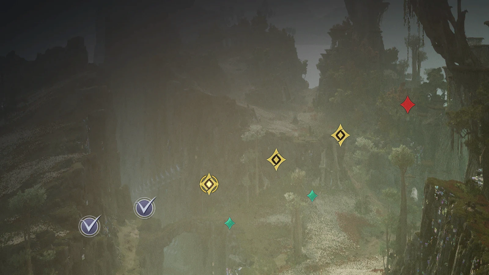 The leveling path's quest markers over the valley of the quest journal