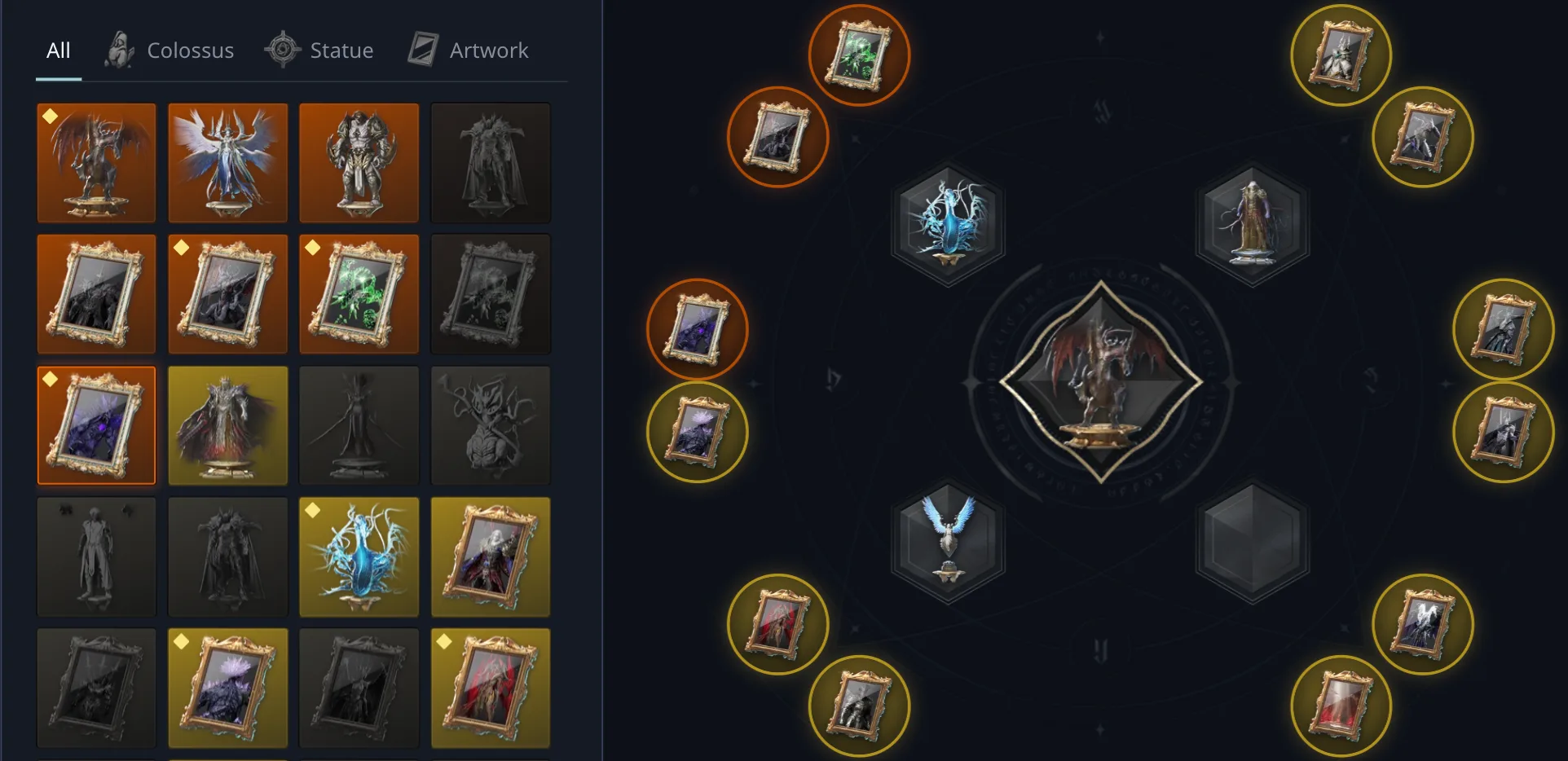 The Pantheon planner with owned decorations lit and the cabinet filled