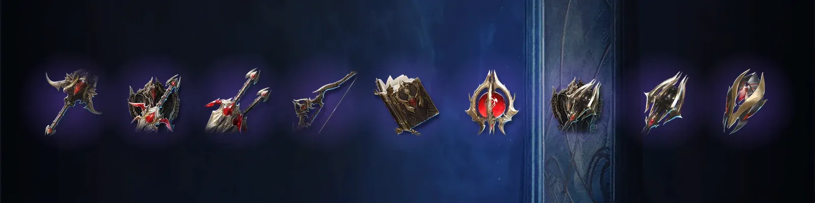 The nine Ludra weapons: Blade of Extinction, Scale Sword, Claw, Fatal Bow, Grimoire, Abyssal Jade, Fatal Mace, Heavenbound Staff and Heart